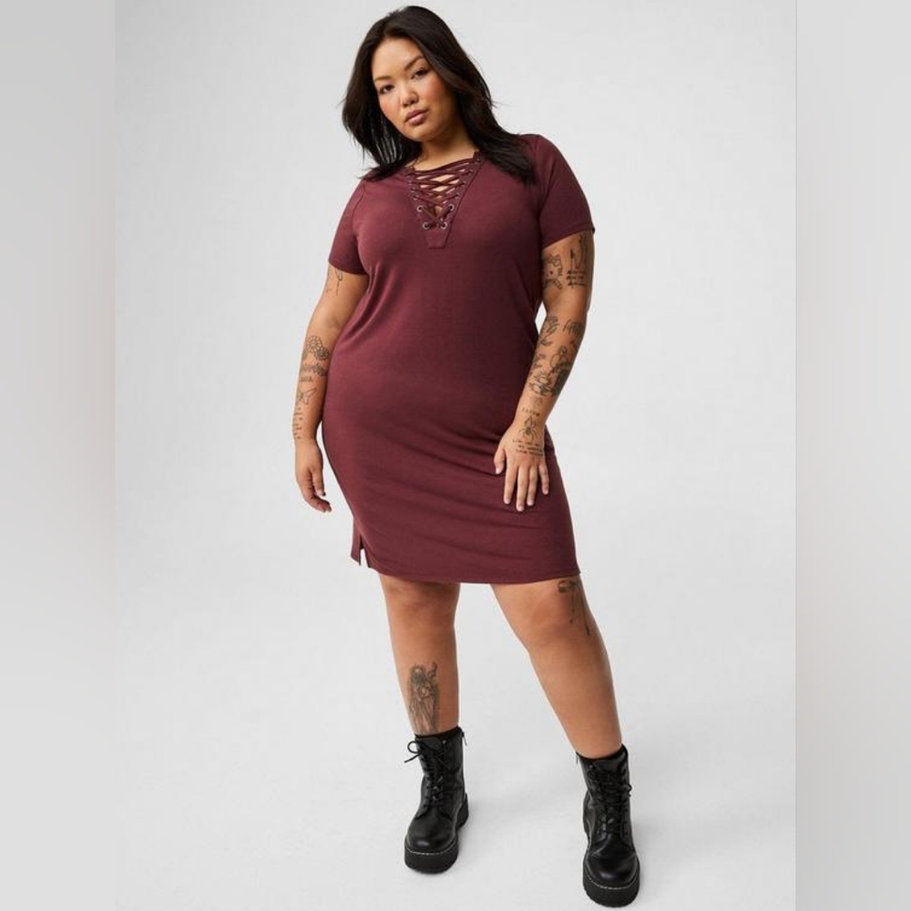 Torrid Maroon Jersey Lace Up Shift T Shirt Midi Dress Women's Plus Size 2X  NWT